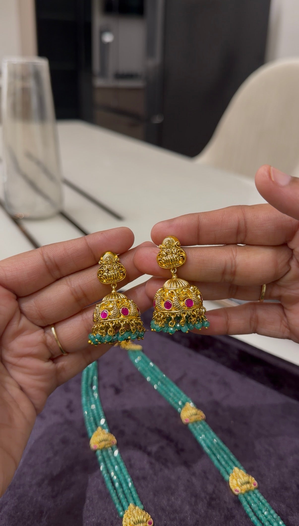 Beautiful Jadav kundhan ,Lakshmi devi idol long crystal beads haram with pushback jumkis