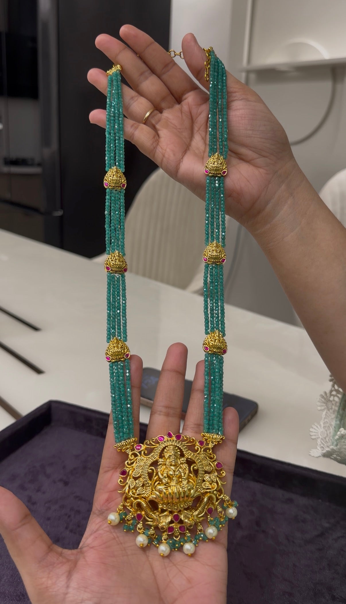 Beautiful Jadav kundhan ,Lakshmi devi idol long crystal beads haram with pushback jumkis