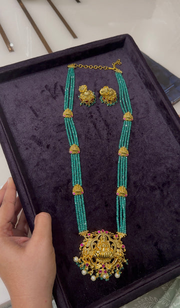 Beautiful Jadav kundhan ,Lakshmi devi idol long crystal beads haram with pushback jumkis