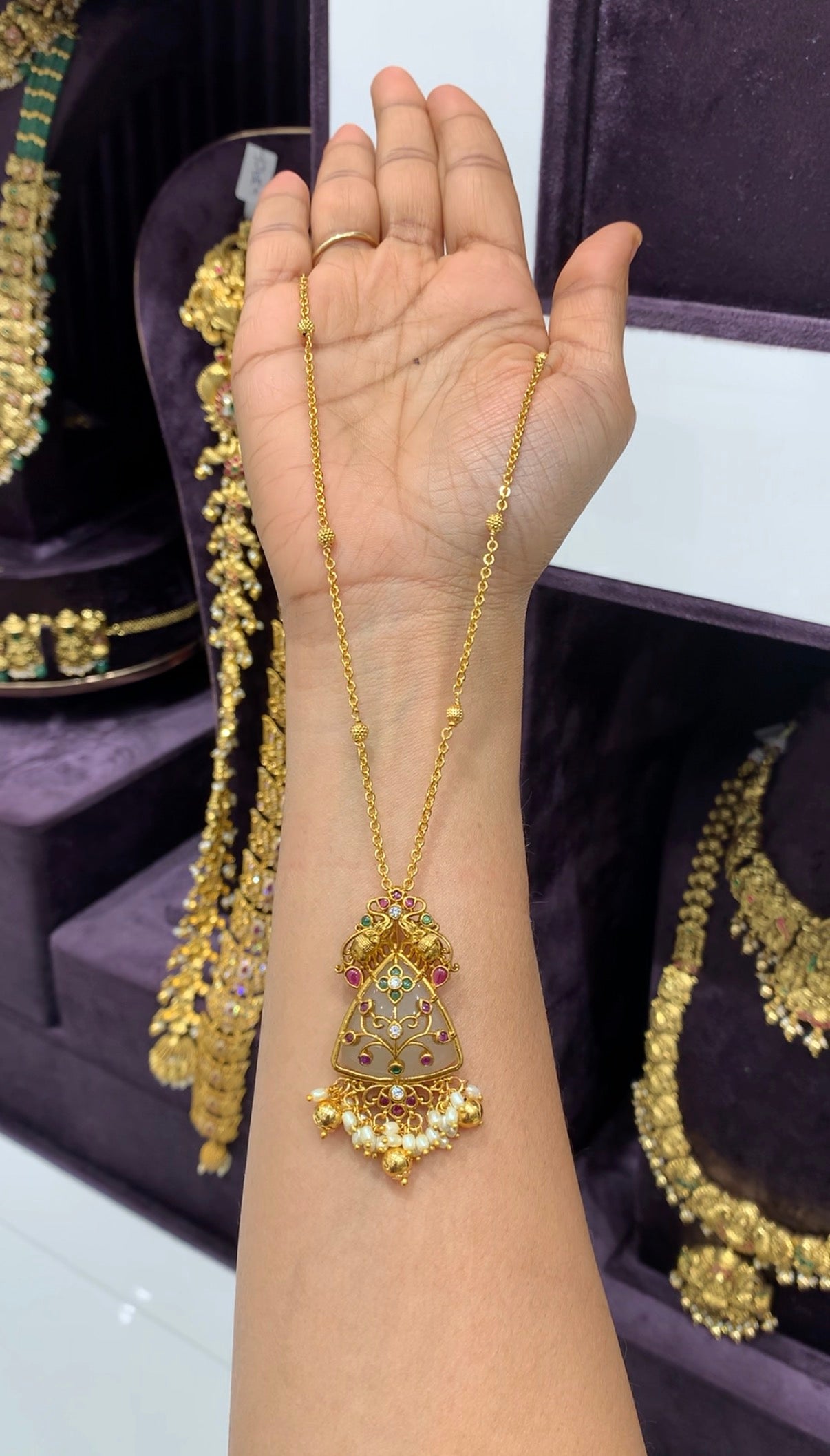 Beautiful Elephant pendant with handmaking Chandraharam & gold balls chain 18 inchs long