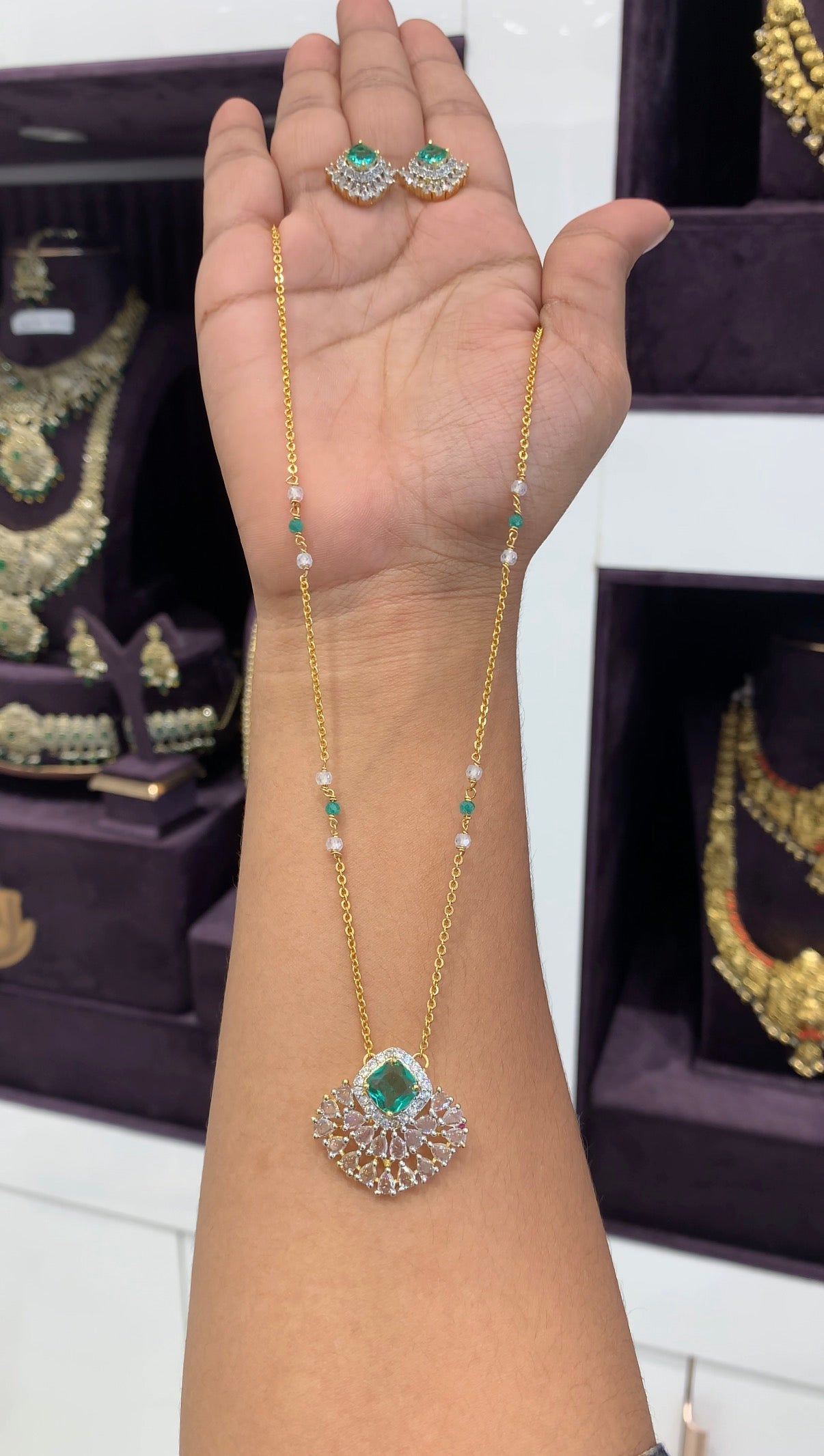 Beautiful white stone pendant set with handmaking Chandraharam chain 18 inchs long