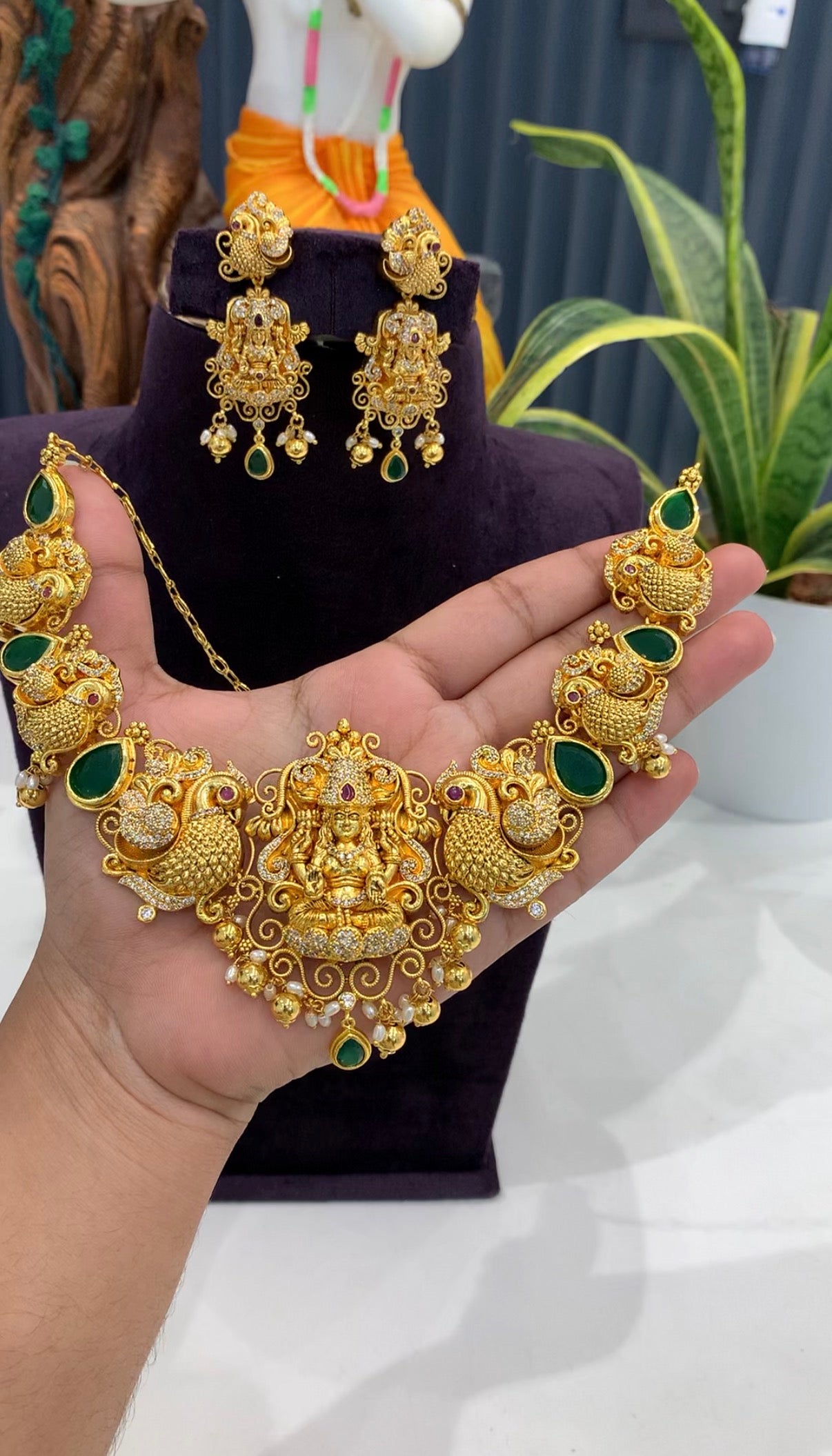 Beautiful Lakshmi devi,peacock design necklace with pushback earrings