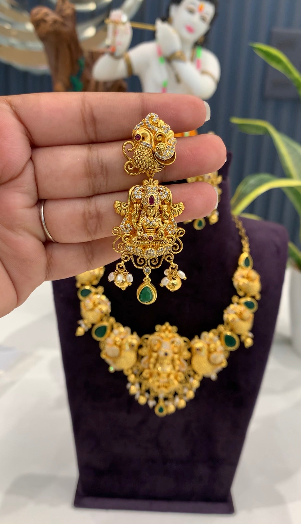 Beautiful Lakshmi devi,peacock design necklace with pushback earrings