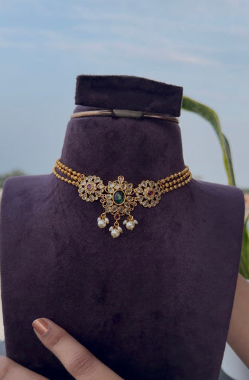 Beautiful white stone pendant with gold balls chain neckset
