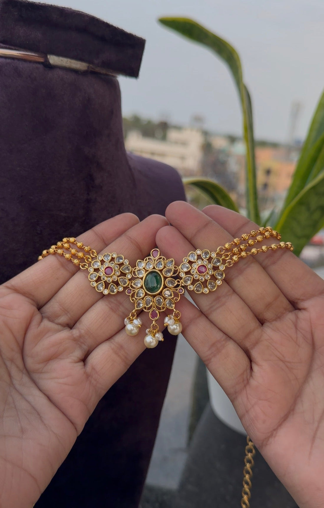 Beautiful white stone pendant with gold balls chain neckset