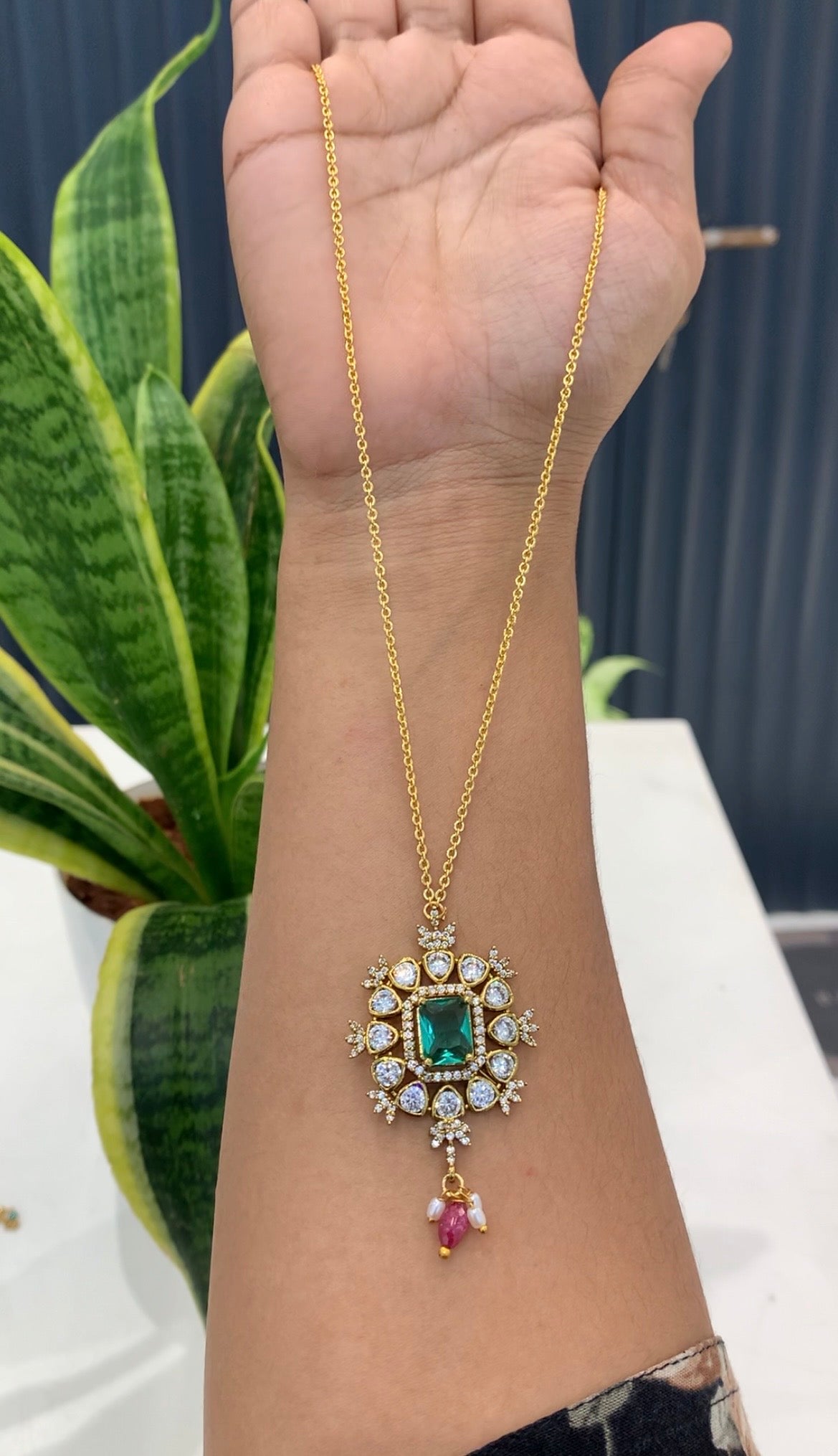 Beautiful green locket with Chandraharam chain 18 inchs long