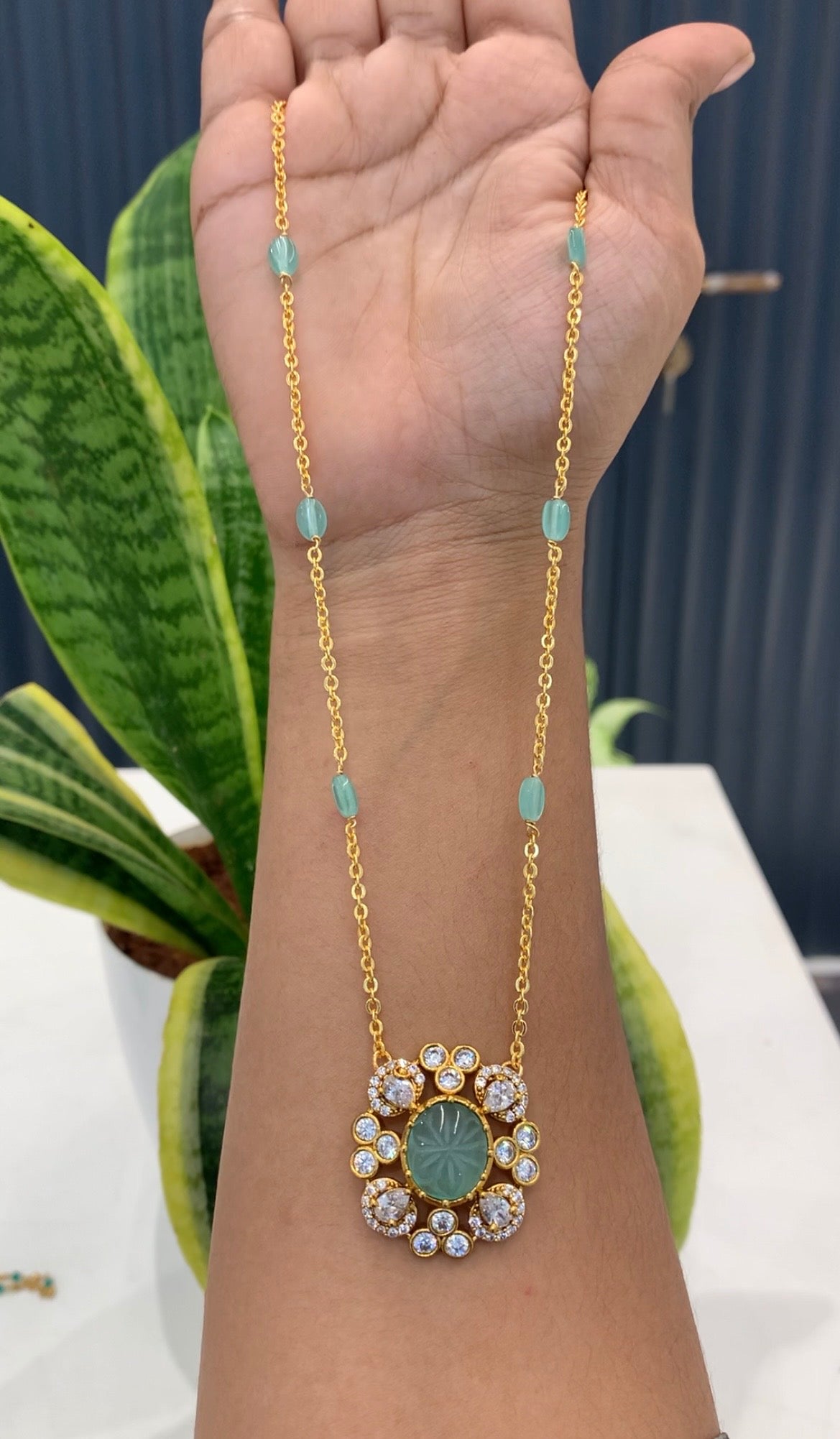 Beautiful green stone with handmaking beads, Chandraharam chain 18 inchs long