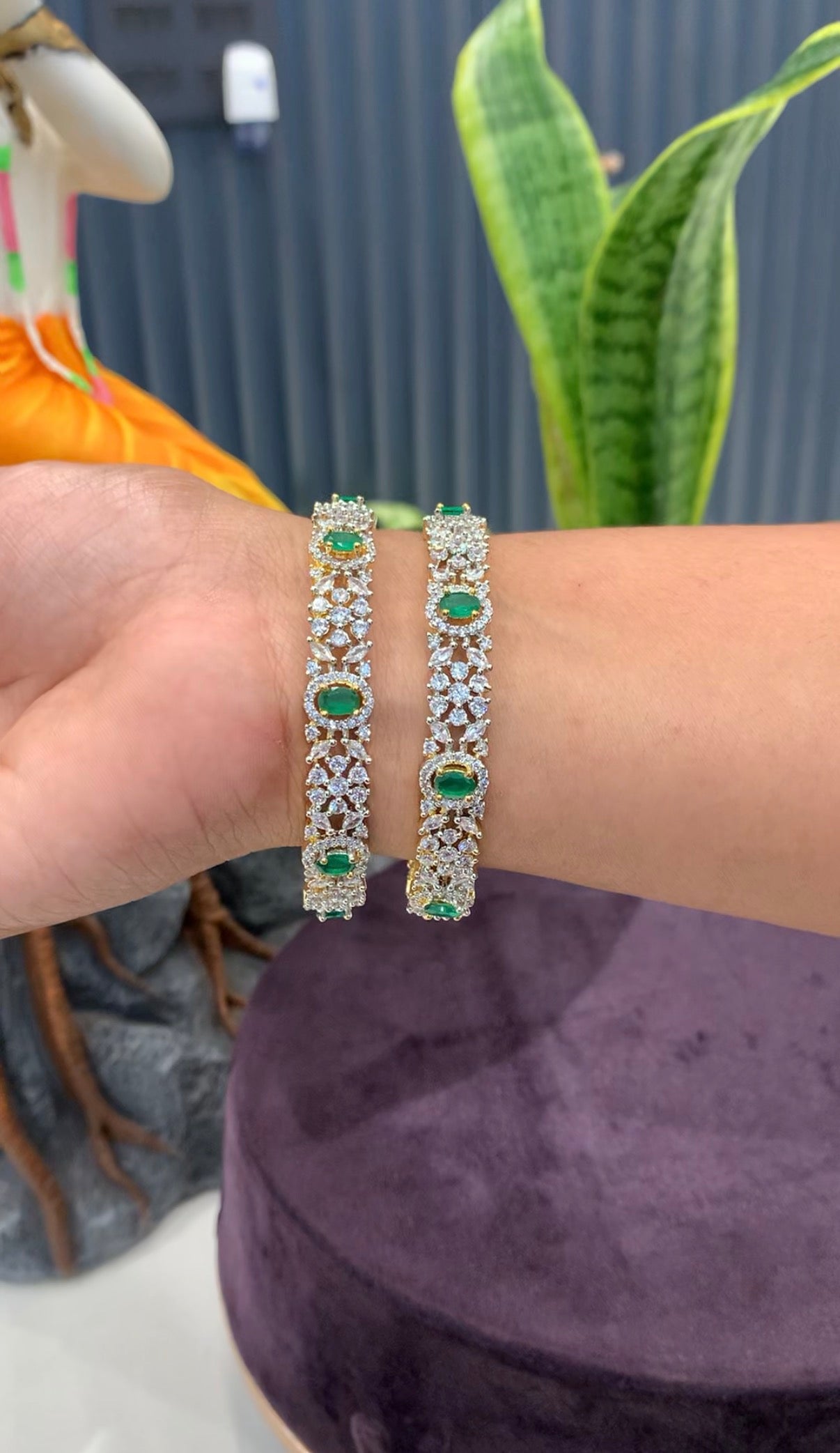 Beautiful GJ polish white & green stone bangles