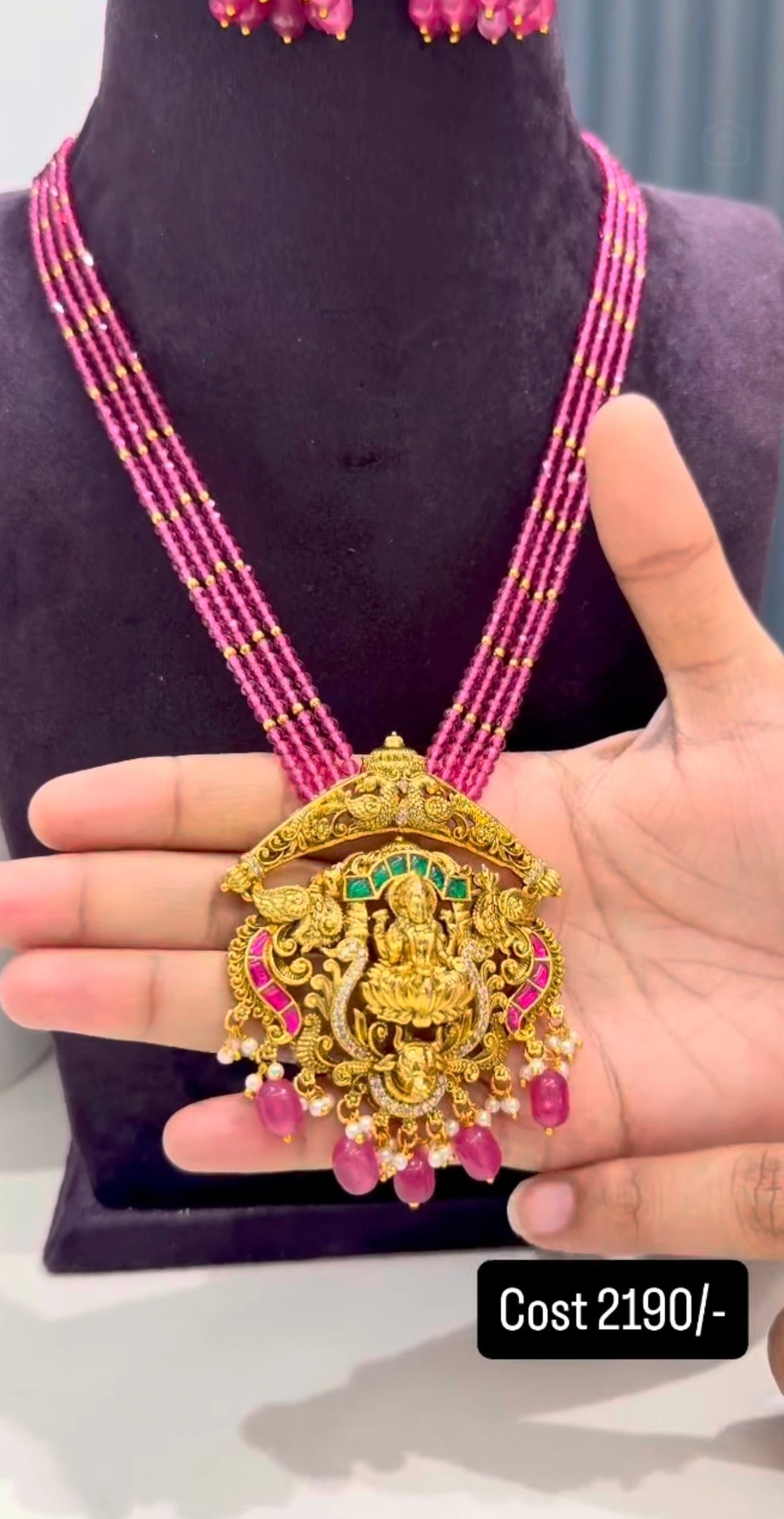 Beautiful Lakshmi devi pendant set with pink crystal beads mala 18 inchs long