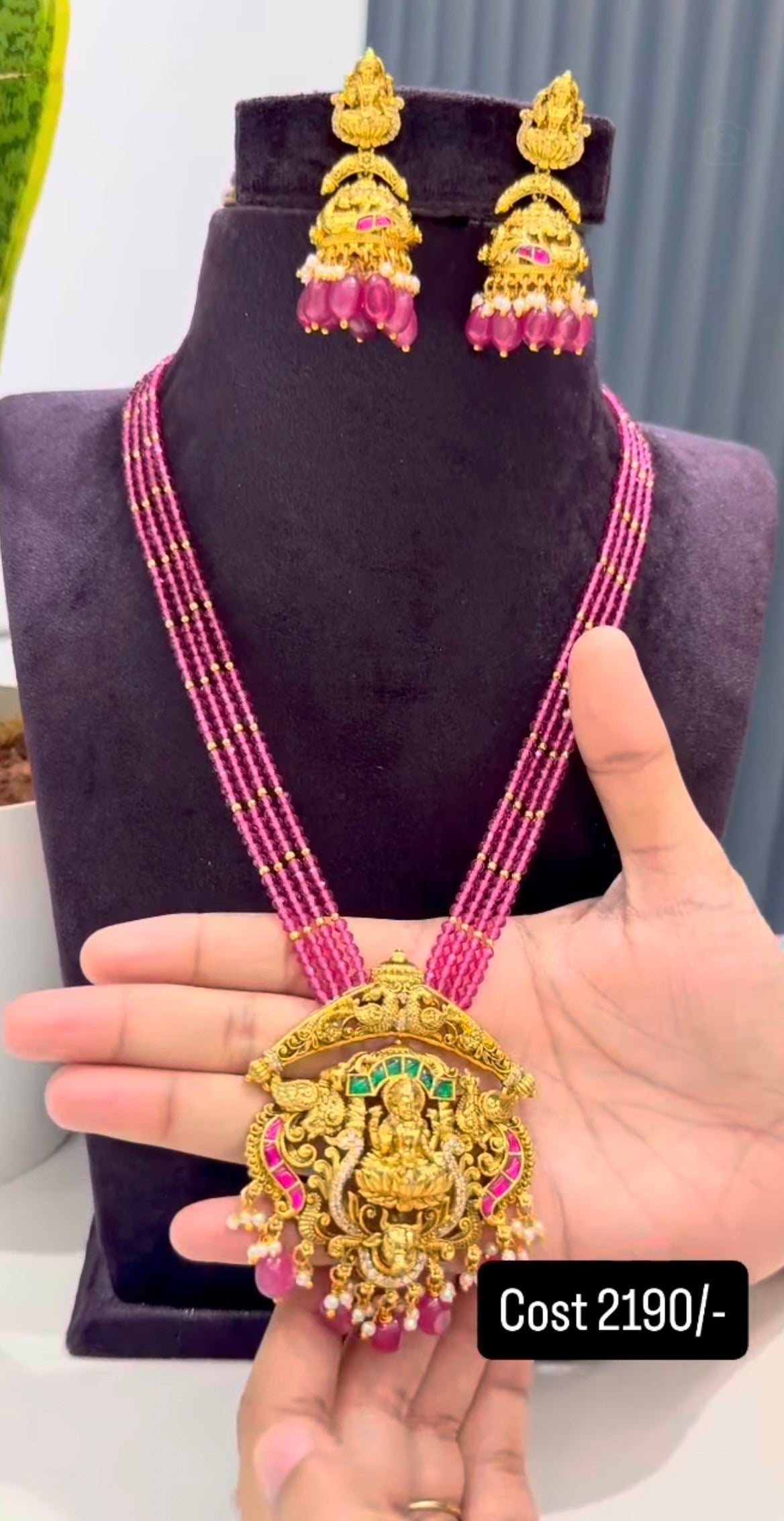 Beautiful Lakshmi devi pendant set with pink crystal beads mala 18 inchs long