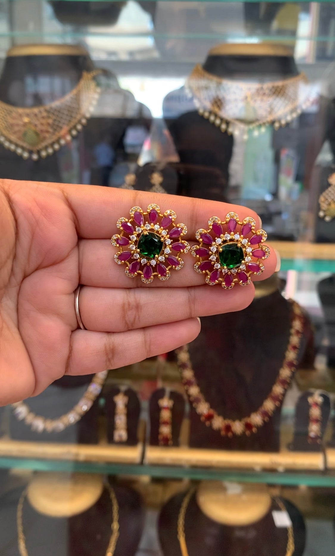 Beautiful ruby and green stone studs with pushback