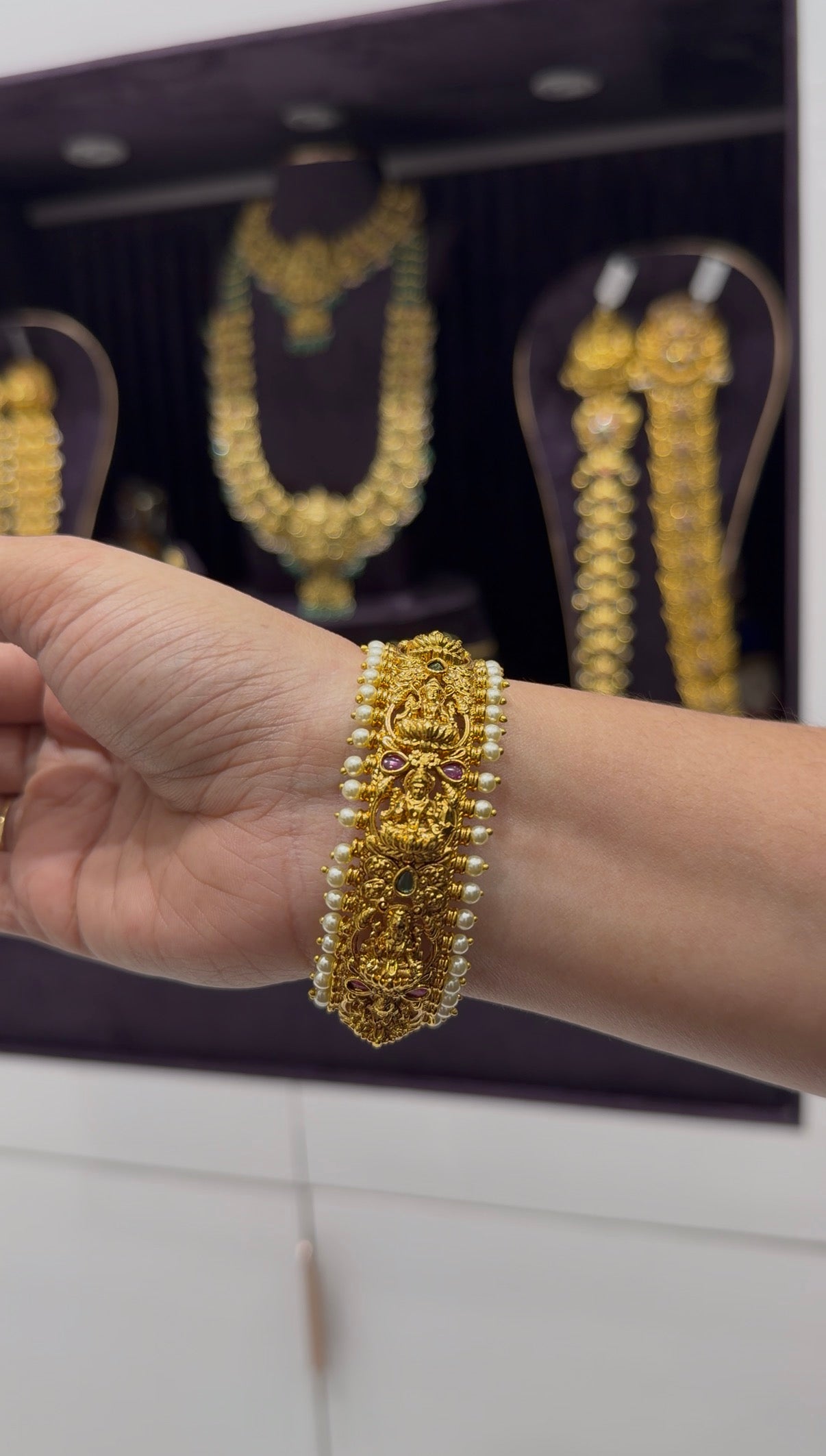 Beautiful Lakshmi devi openable Kada bangle with pearls finishing