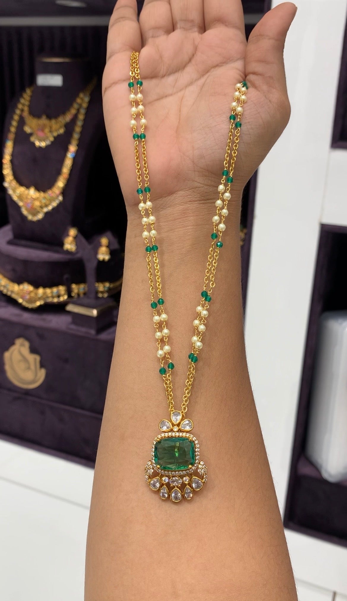 Beautiful green stone locket with handmaking pearls & Chandraharam chain 18 inchs long