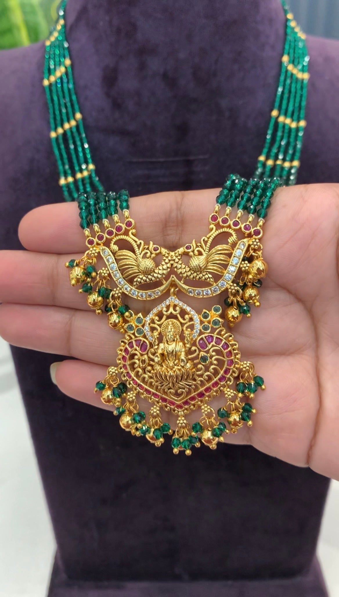 Beautiful Lakshmi devi pendant, CZ crystal beads mala