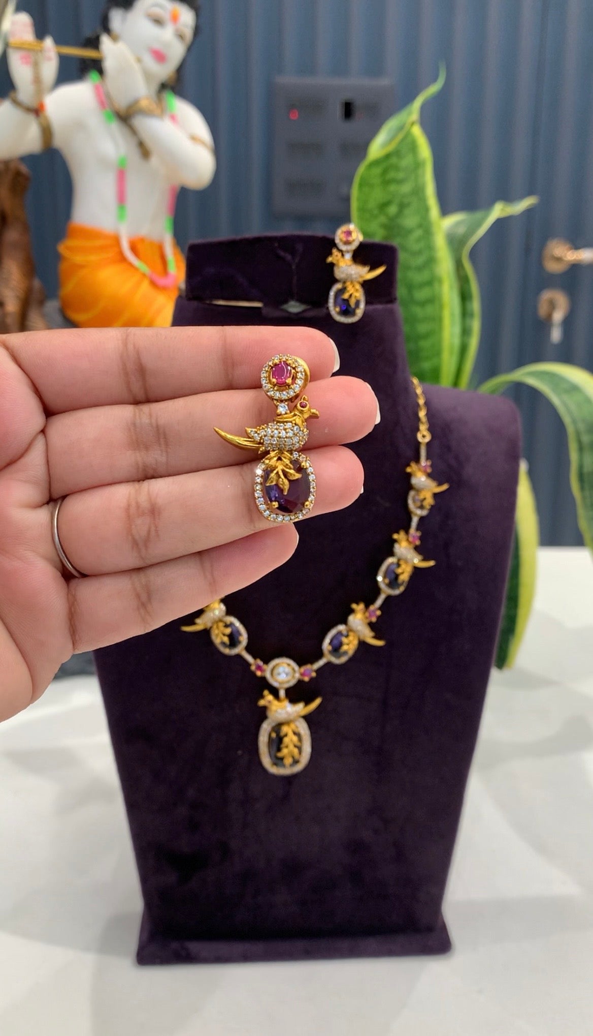 Beautiful purple stones parrot design necklace set with pushback earrings