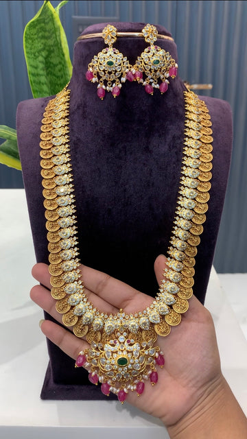 Beautiful pink beads kasula long haram with screwback earrings