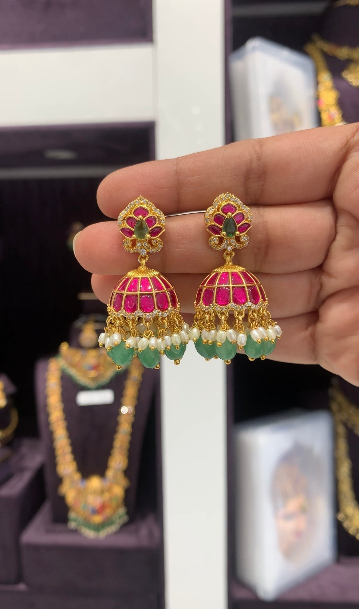 Beautiful Jadav kundhan pushback jumkis with aqua beads