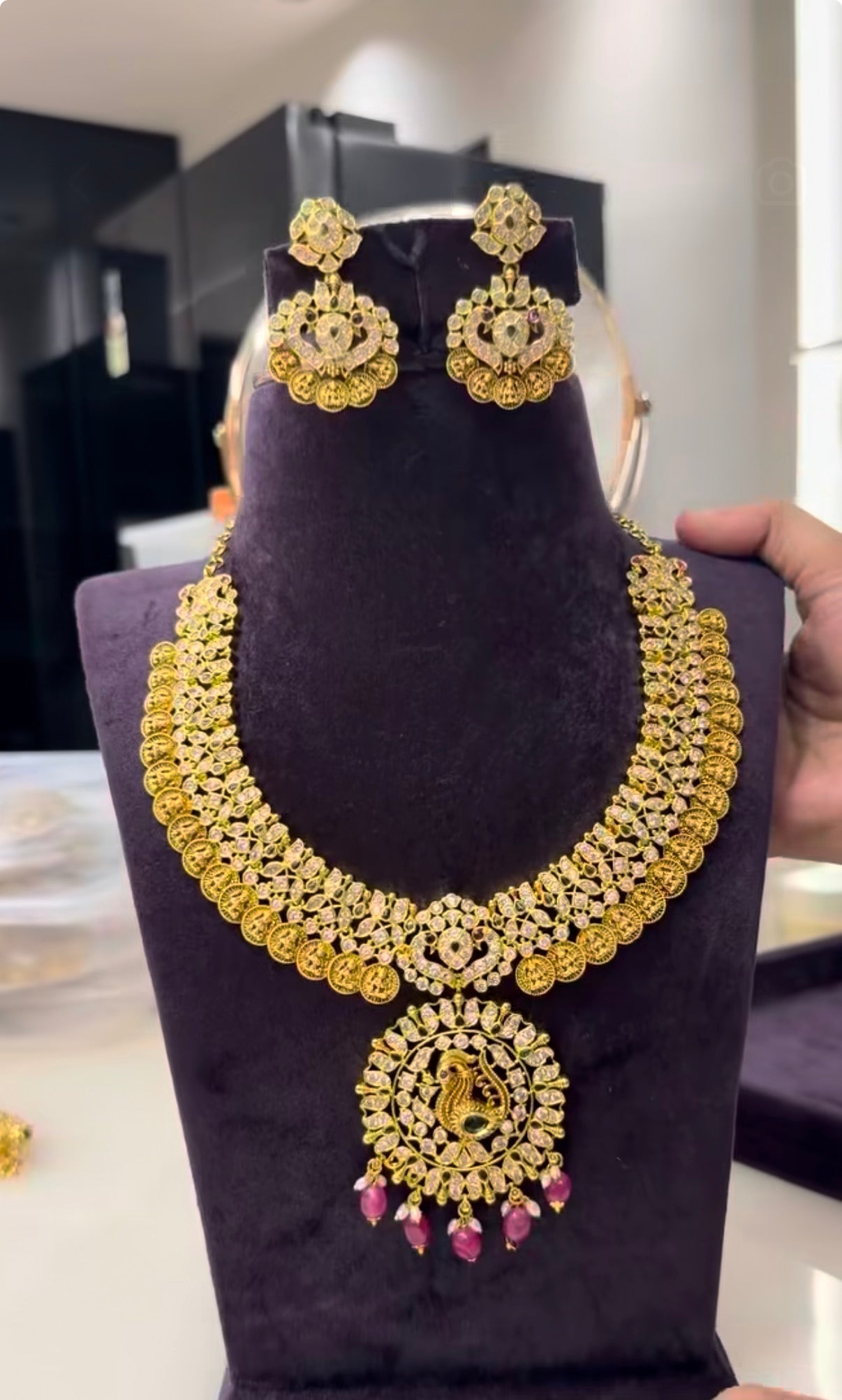 Beautiful peacock design kasula necklace with pushback earrings