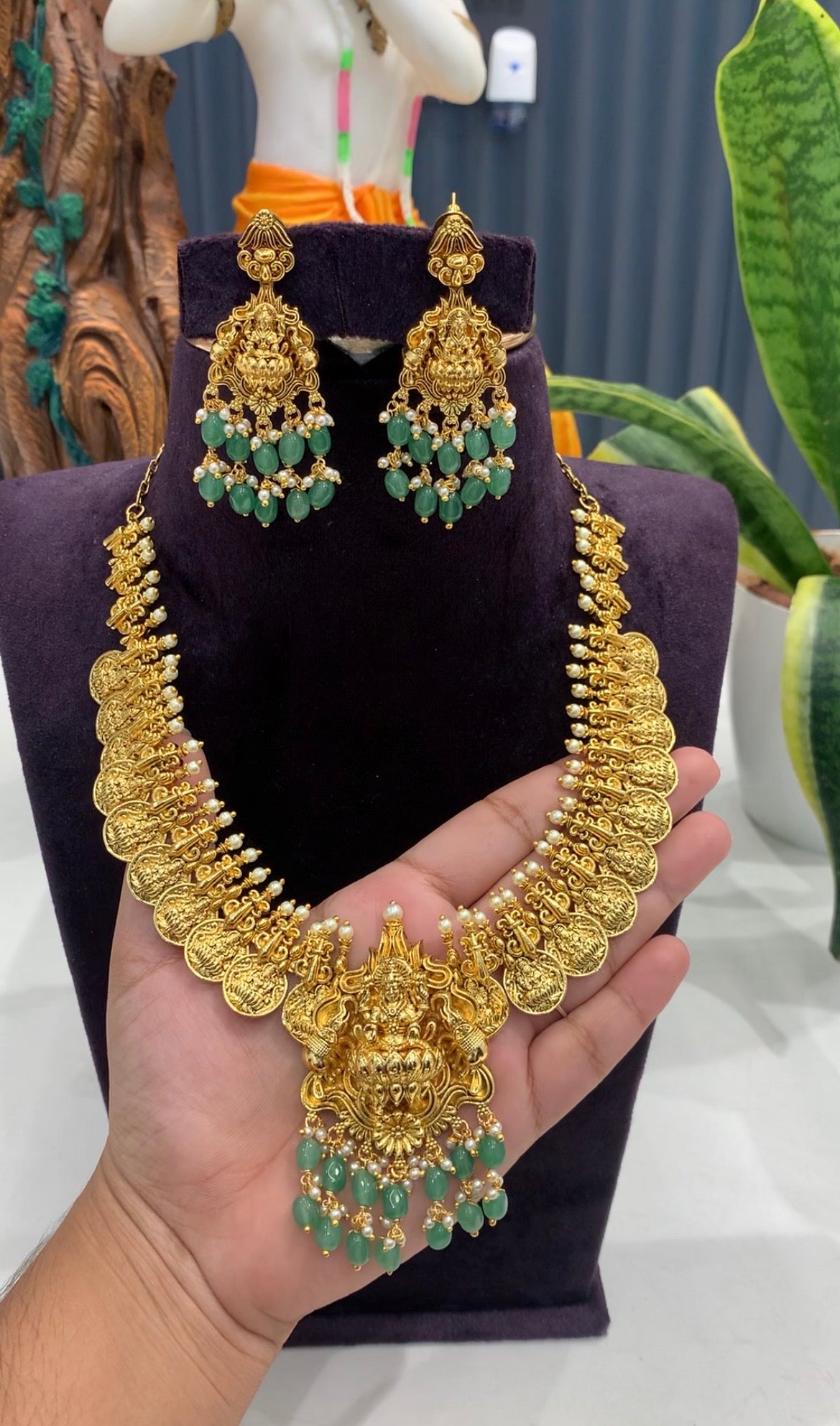 Beautiful Lakshmi Devi idol kasula necklace with pushback earrings