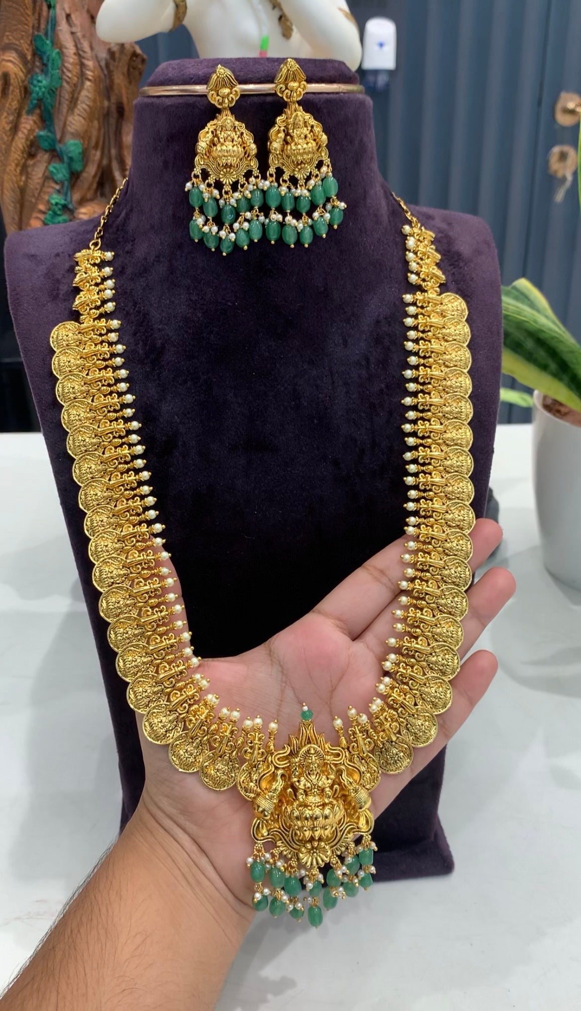 Beautiful Lakshmi devi idol kasula haram with pushback earrings
