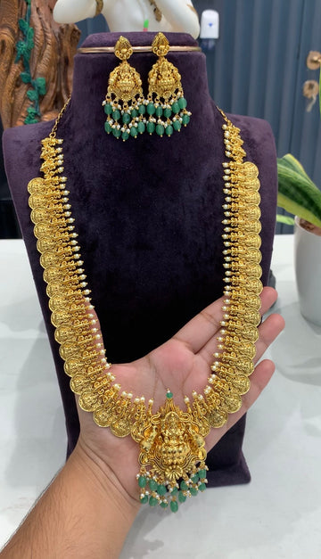 Beautiful Lakshmi devi idol kasula haram with pushback earrings