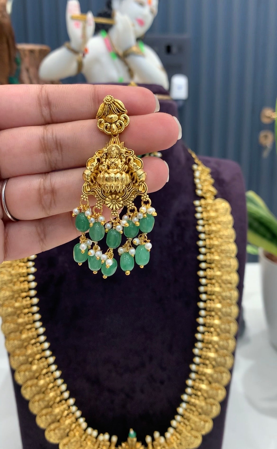 Beautiful Lakshmi devi idol kasula haram with pushback earrings