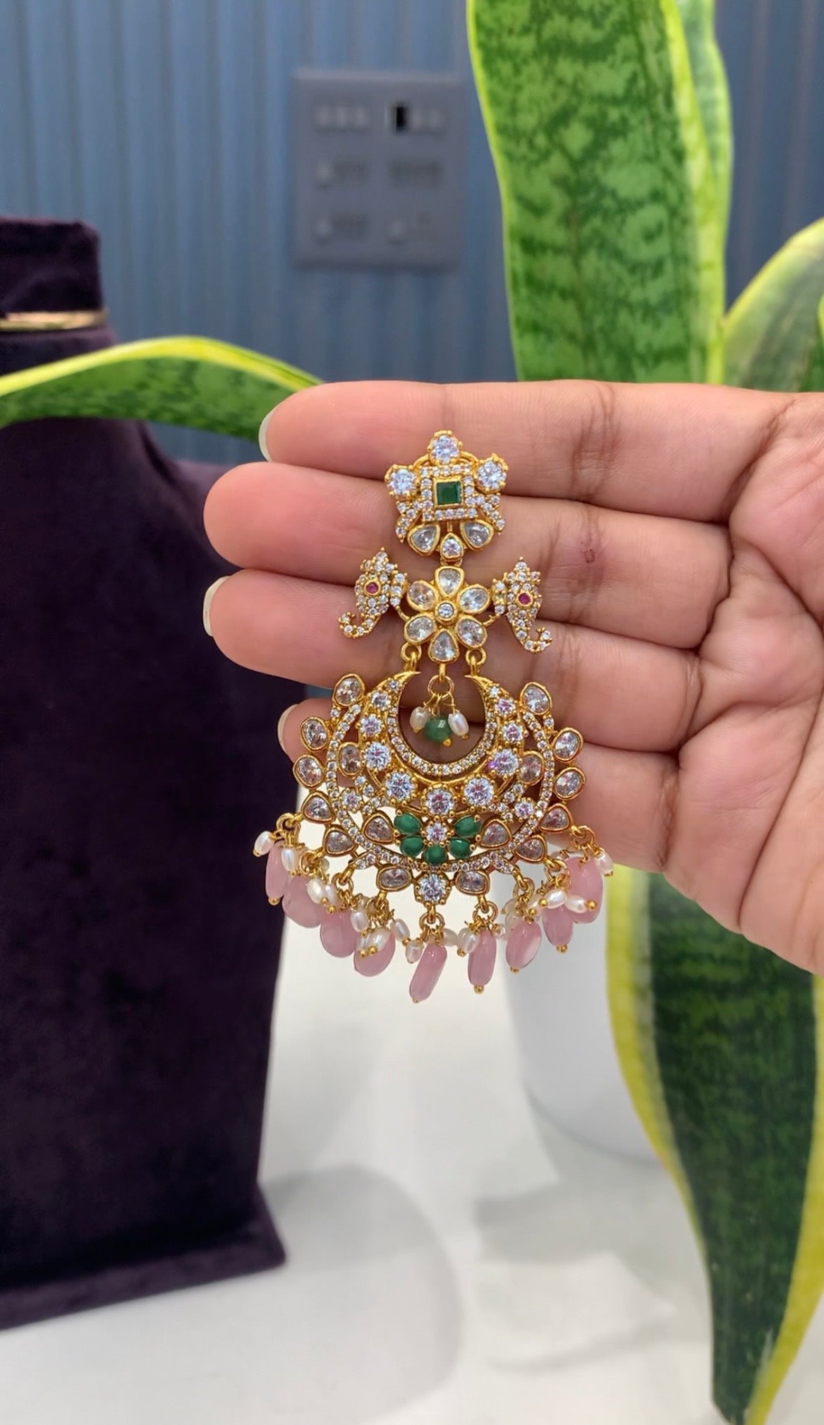 Beautiful uncut stone Chandbali pushback hangings with beads finishing