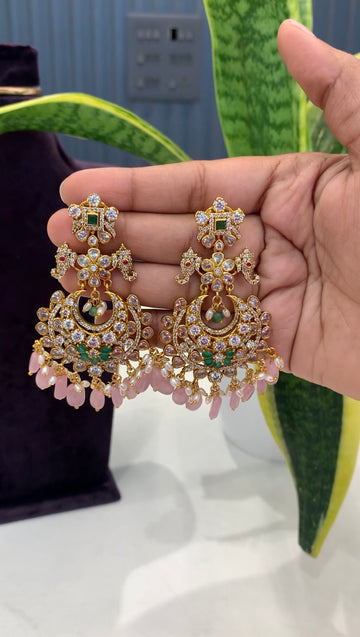 Beautiful uncut stone Chandbali pushback hangings with beads finishing