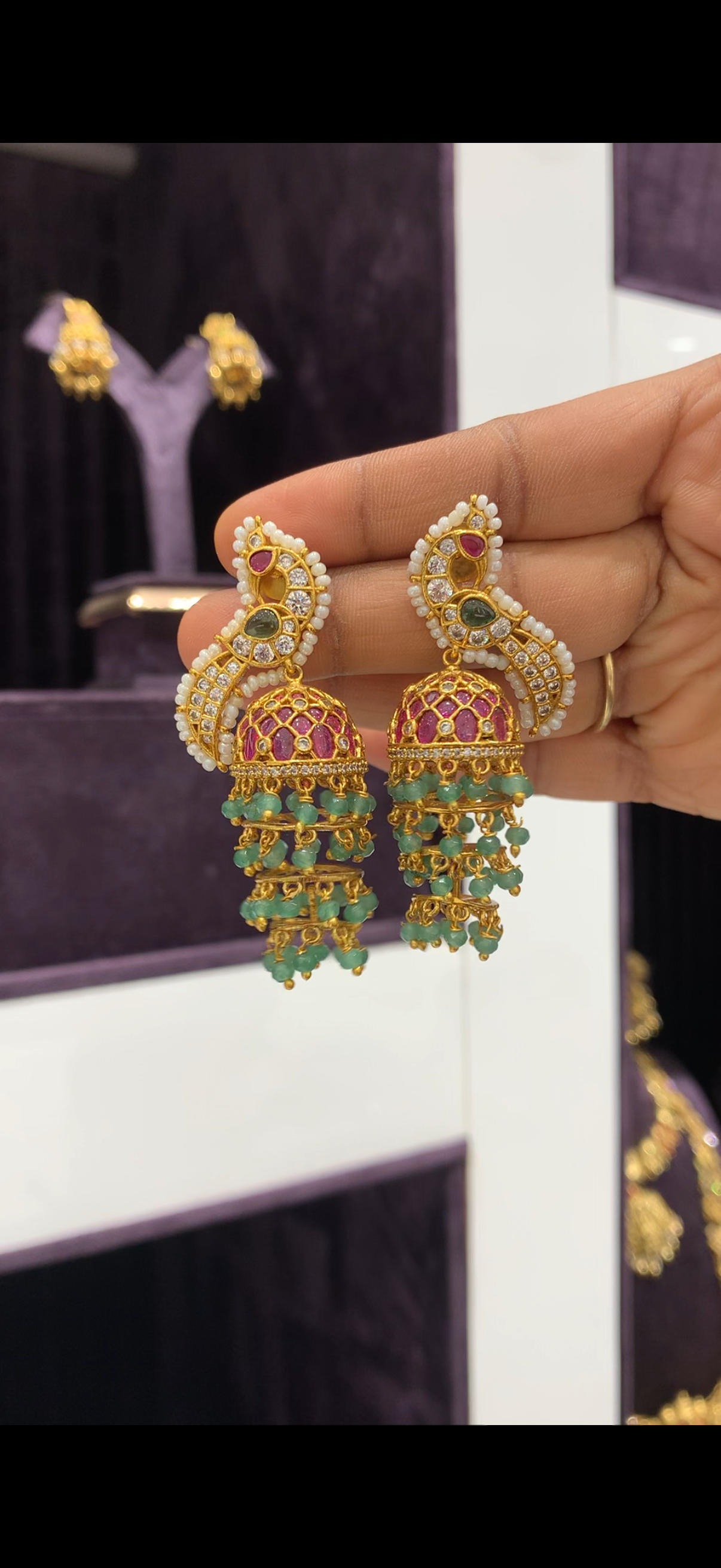 jhumkis with green beads and back pushback
