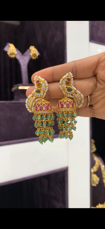jhumkis with green beads and back pushback