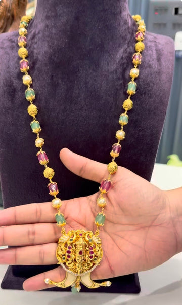 Beautiful tiger nail Balaji pendant with multi color beads mala 24 inchs long
