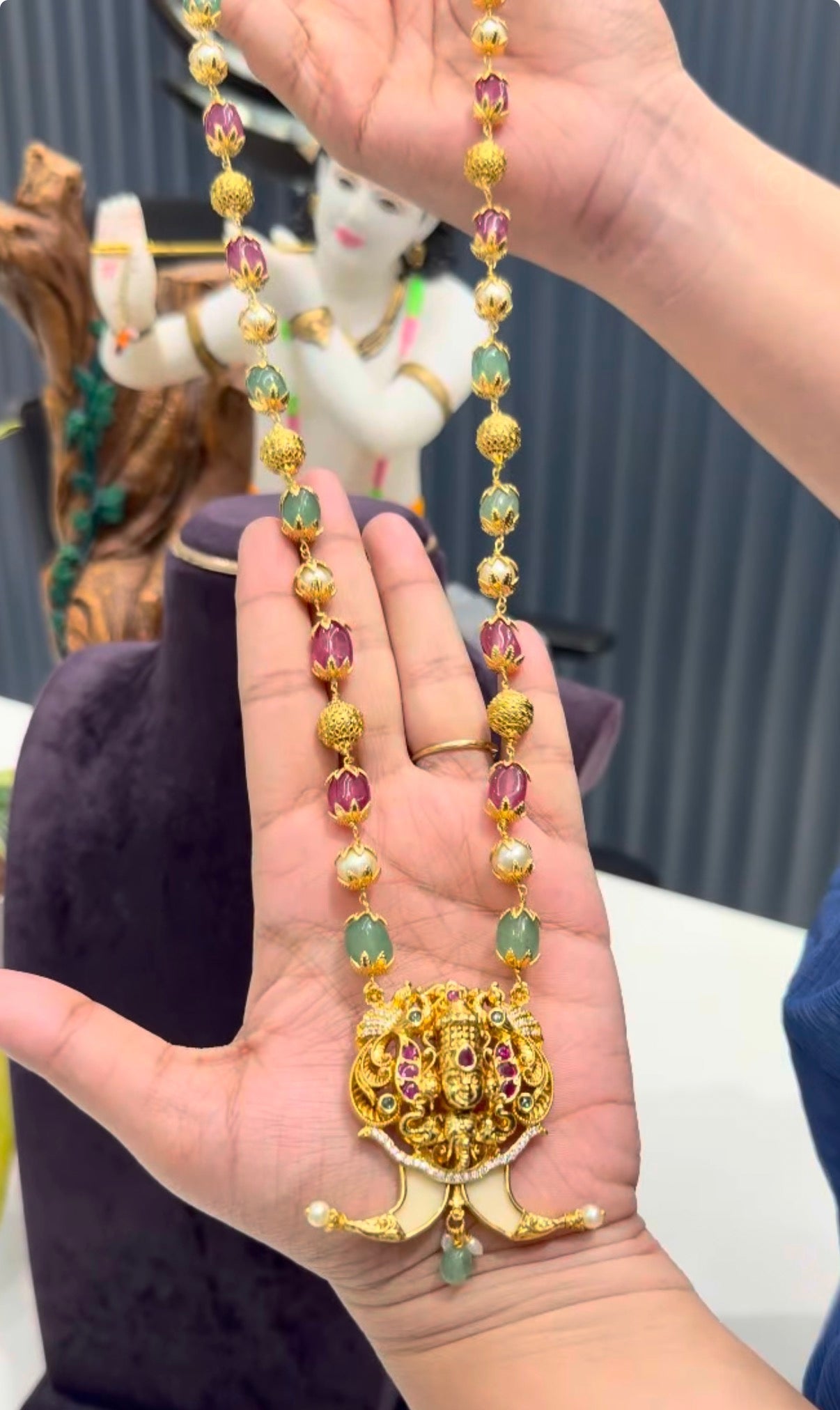 Beautiful tiger nail Balaji pendant with multi color beads mala 24 inchs long