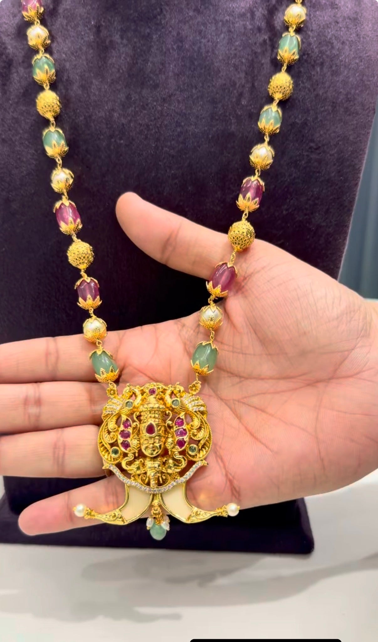 Beautiful tiger nail Balaji pendant with multi color beads mala 24 inchs long