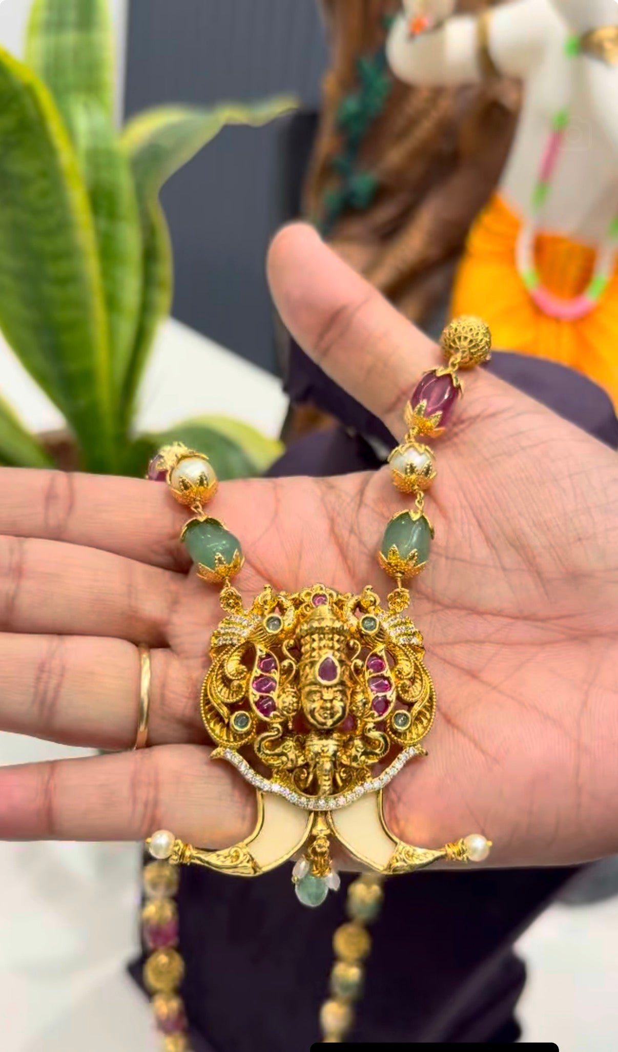 Beautiful tiger nail Balaji pendant with multi color beads mala 24 inchs long