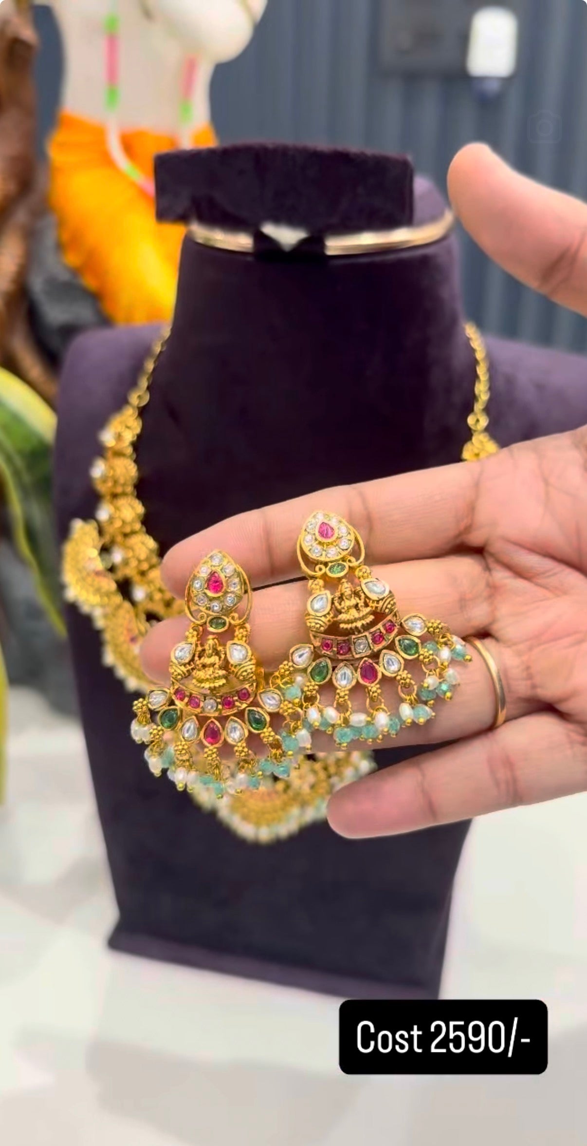 Beautiful Lakshmi devi pearls finishing necklace with screwback earrings