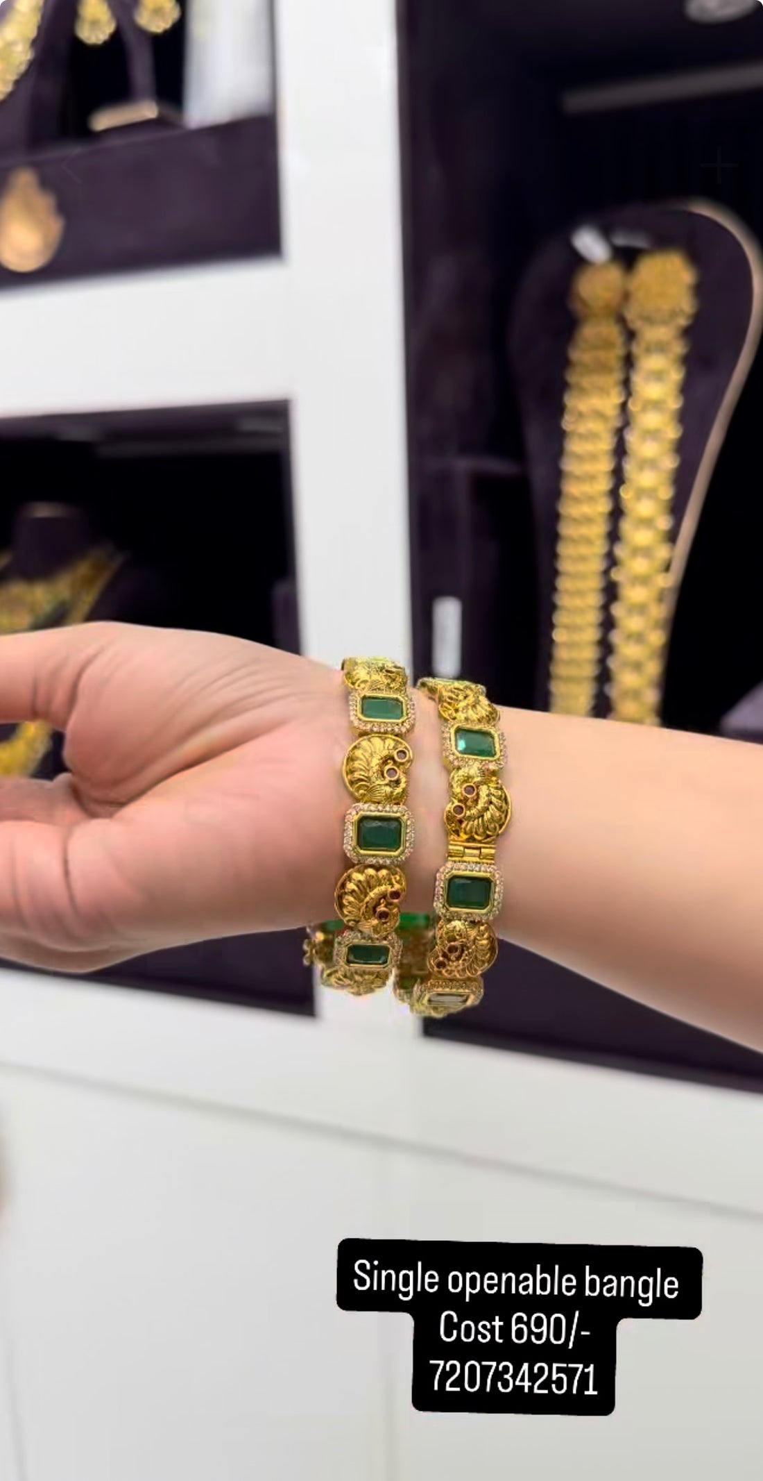 Beautiful green stone & peacock design openable bangle (single bangle )