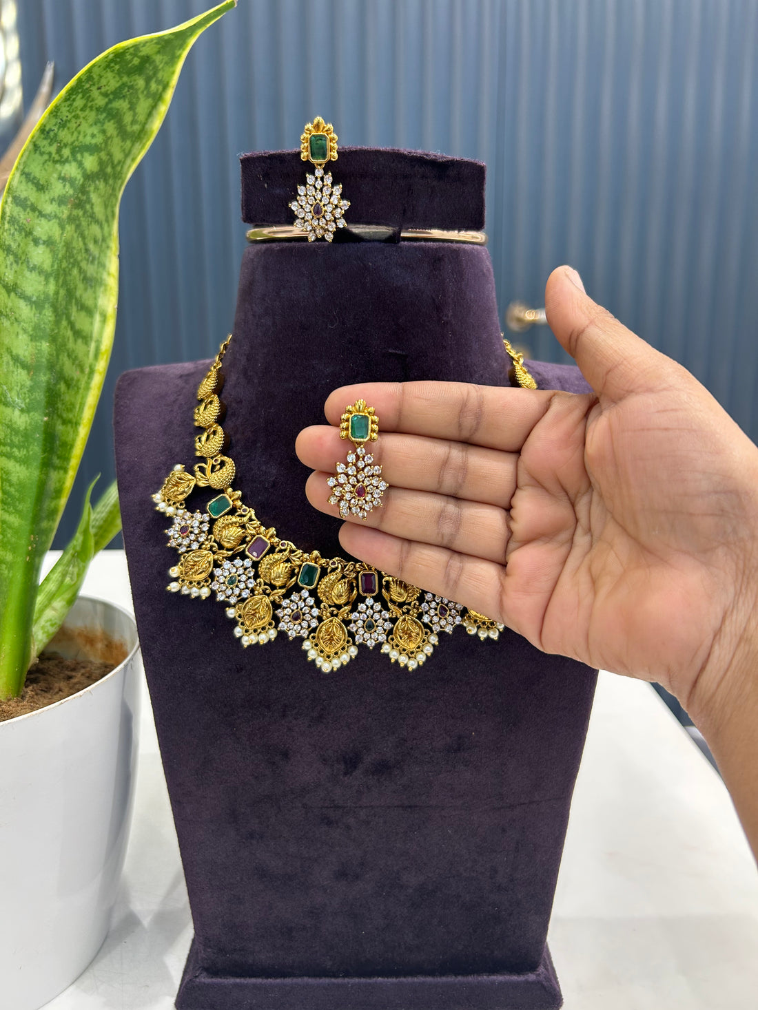 Beautiful multi color CZ stones & peacock design necklace with pushback earrings