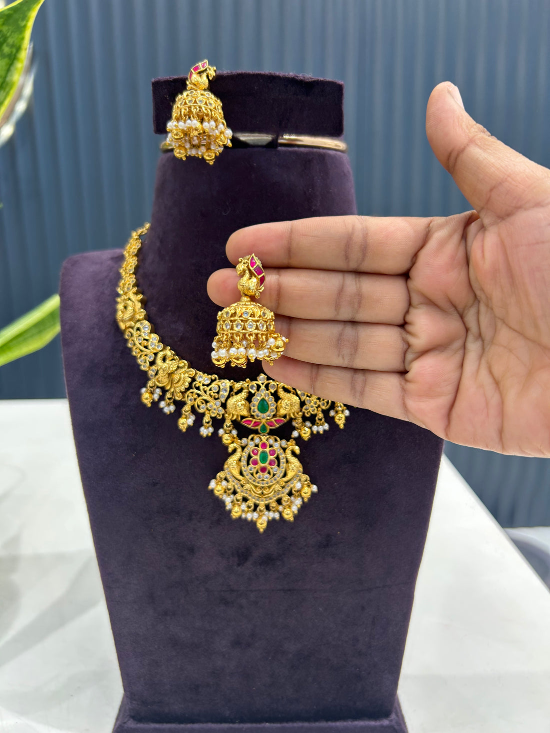Beautiful jadau kundhan & peacock design necklace with pushback jumkis