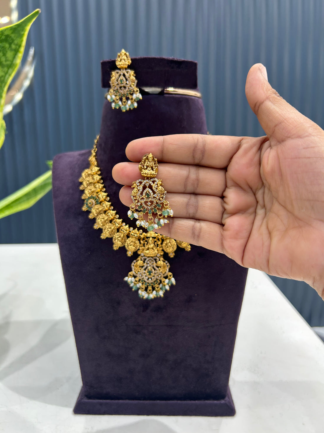 Beautiful CZ stones & lakshmi devi kasula model necklace with pushback earrings