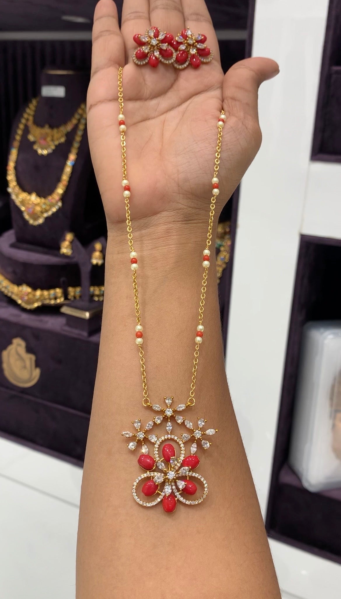 Beautiful white stone Pagadam pendant set with handmaking pearls Chandraharam chain 18 inchs long