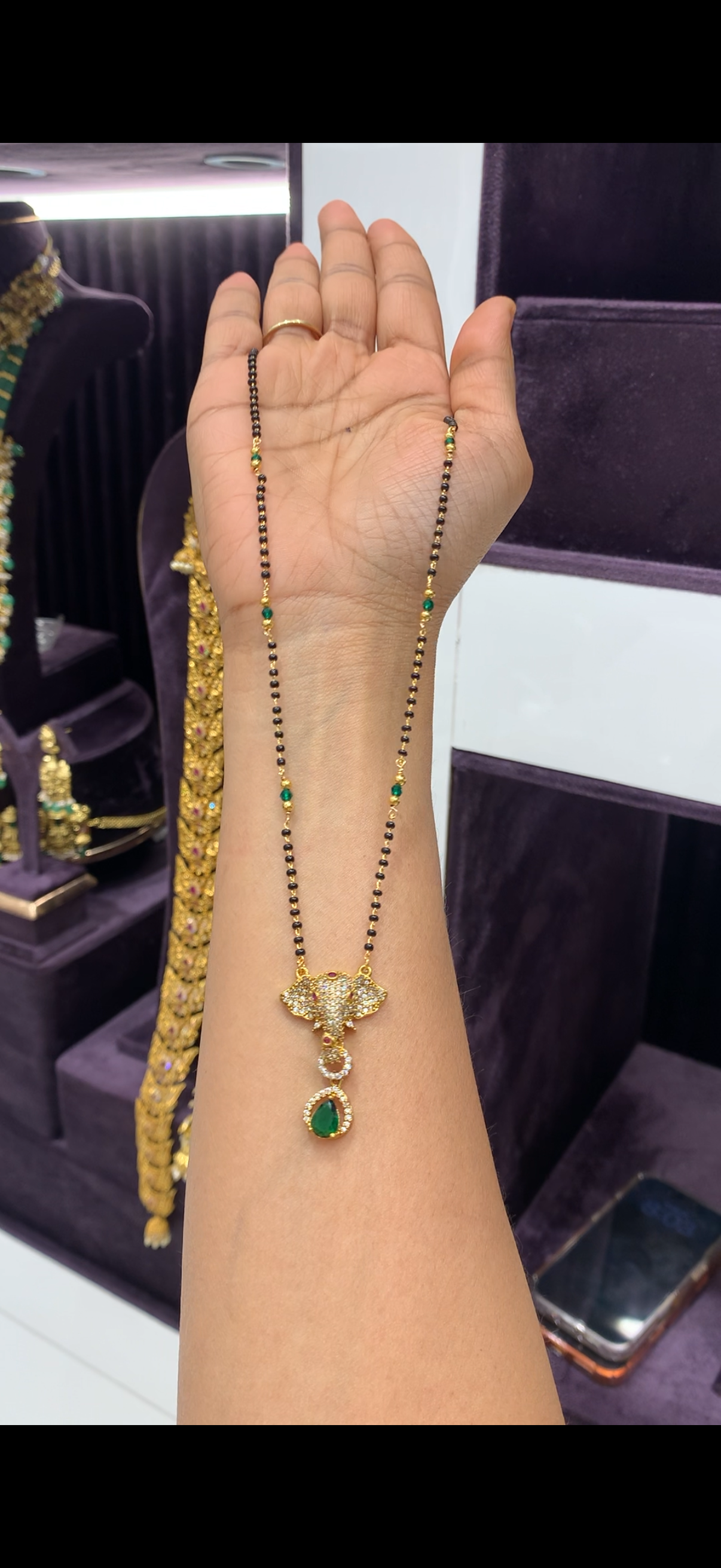 18inch Black beads with green stone Vinayaka pendent