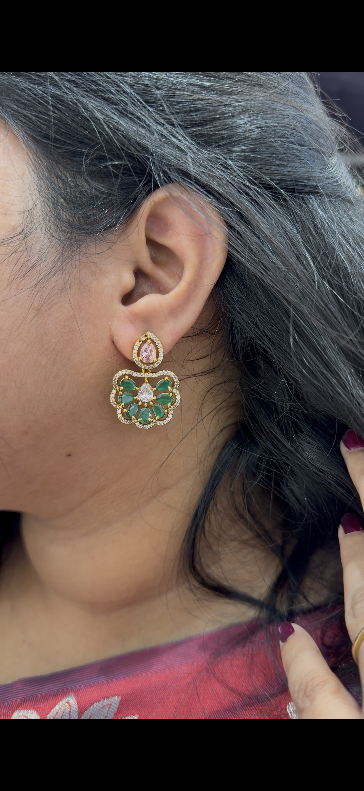 Cute earrings with green and pink stone and with pushback
