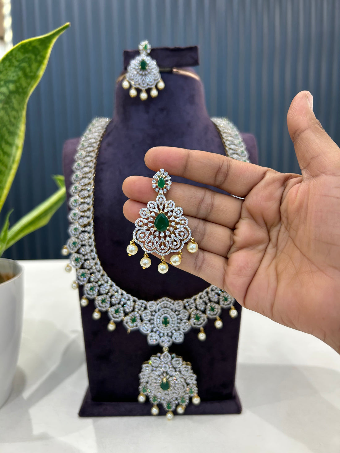 Beautiful white & green stone GJ model long haram with screwback earrings