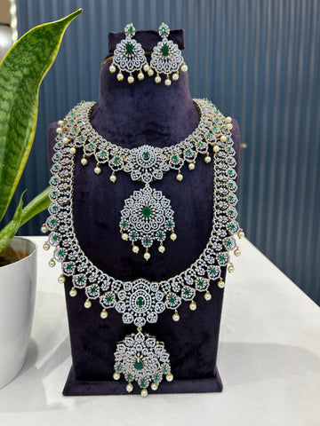 Beautiful green & white stones GJ model haram & necklace combo with pushback earrings