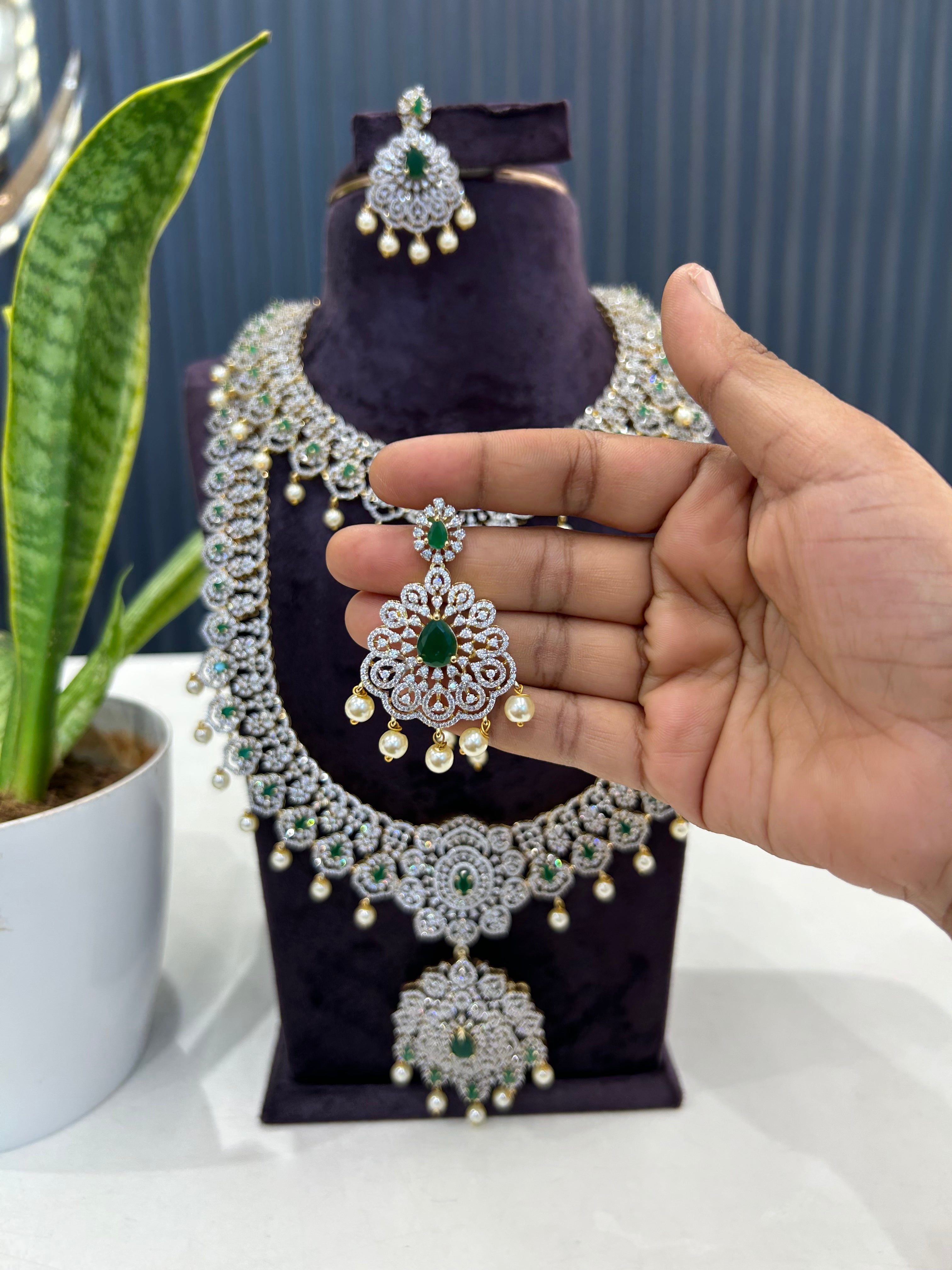 Beautiful green & white stones GJ model haram & necklace combo with pushback earrings