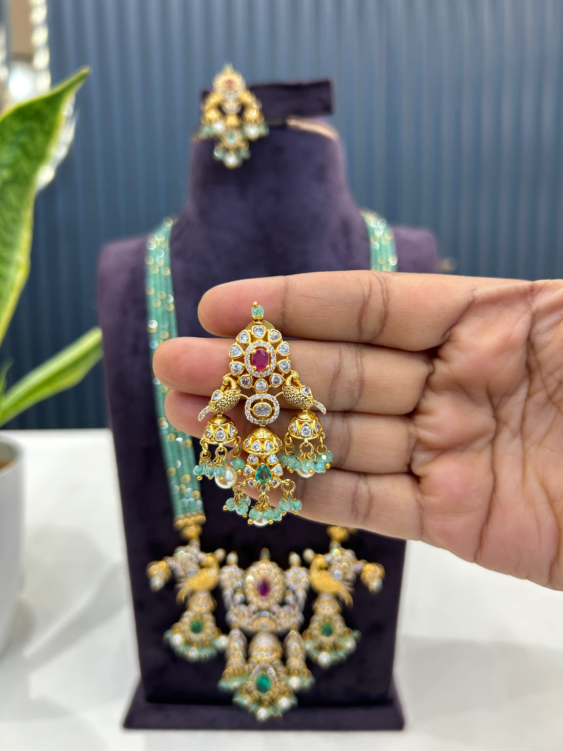 Beautiful multi color stones pendant set with CZ crystal beads mala 24 inchs long