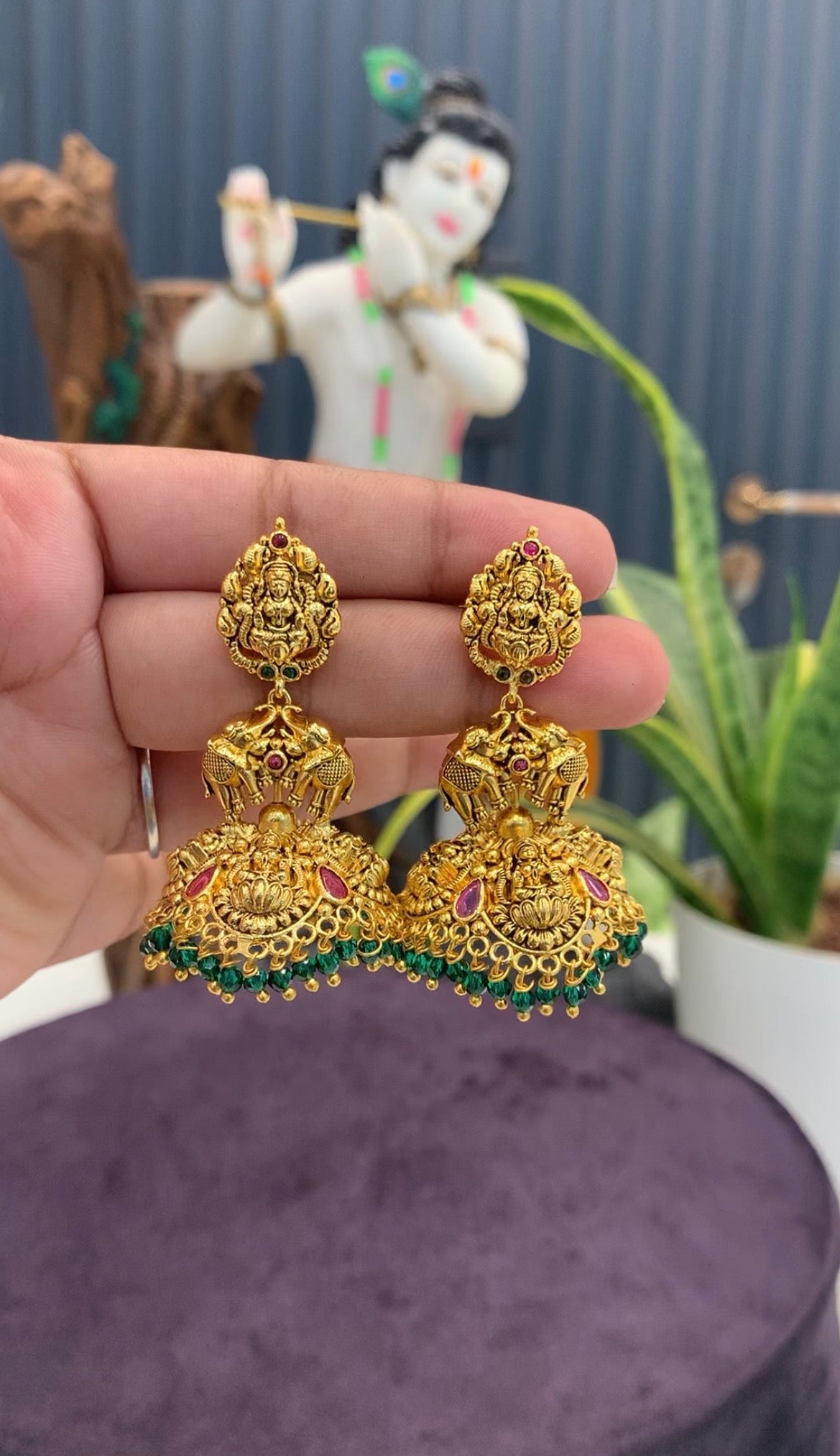 Beautiful Lakshmi devi pushback earrings with beads finishing