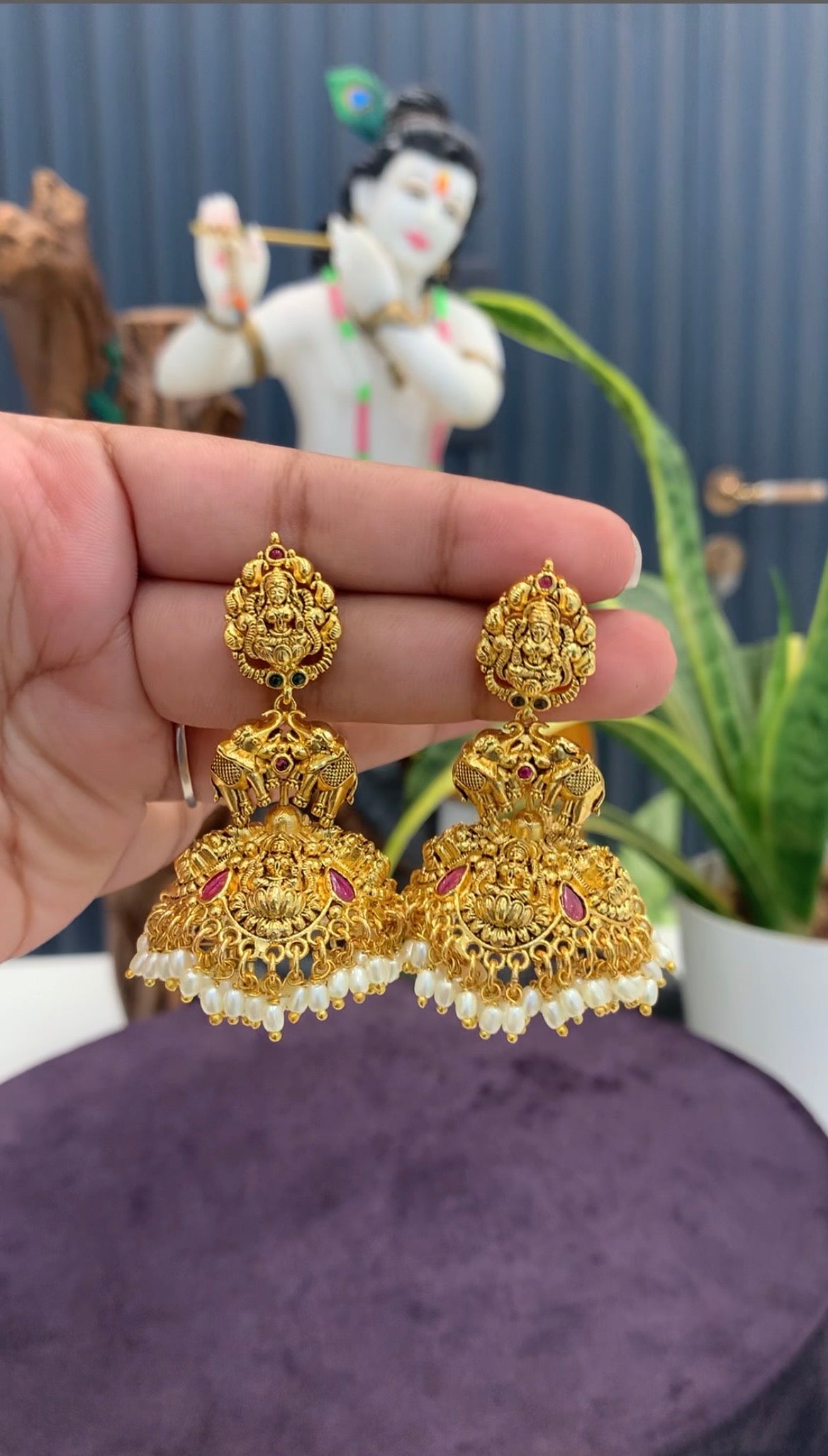 Beautiful Lakshmi devi  pushback earrings with white pearls
