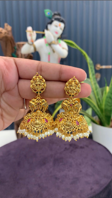Beautiful Lakshmi devi  pushback earrings with white pearls