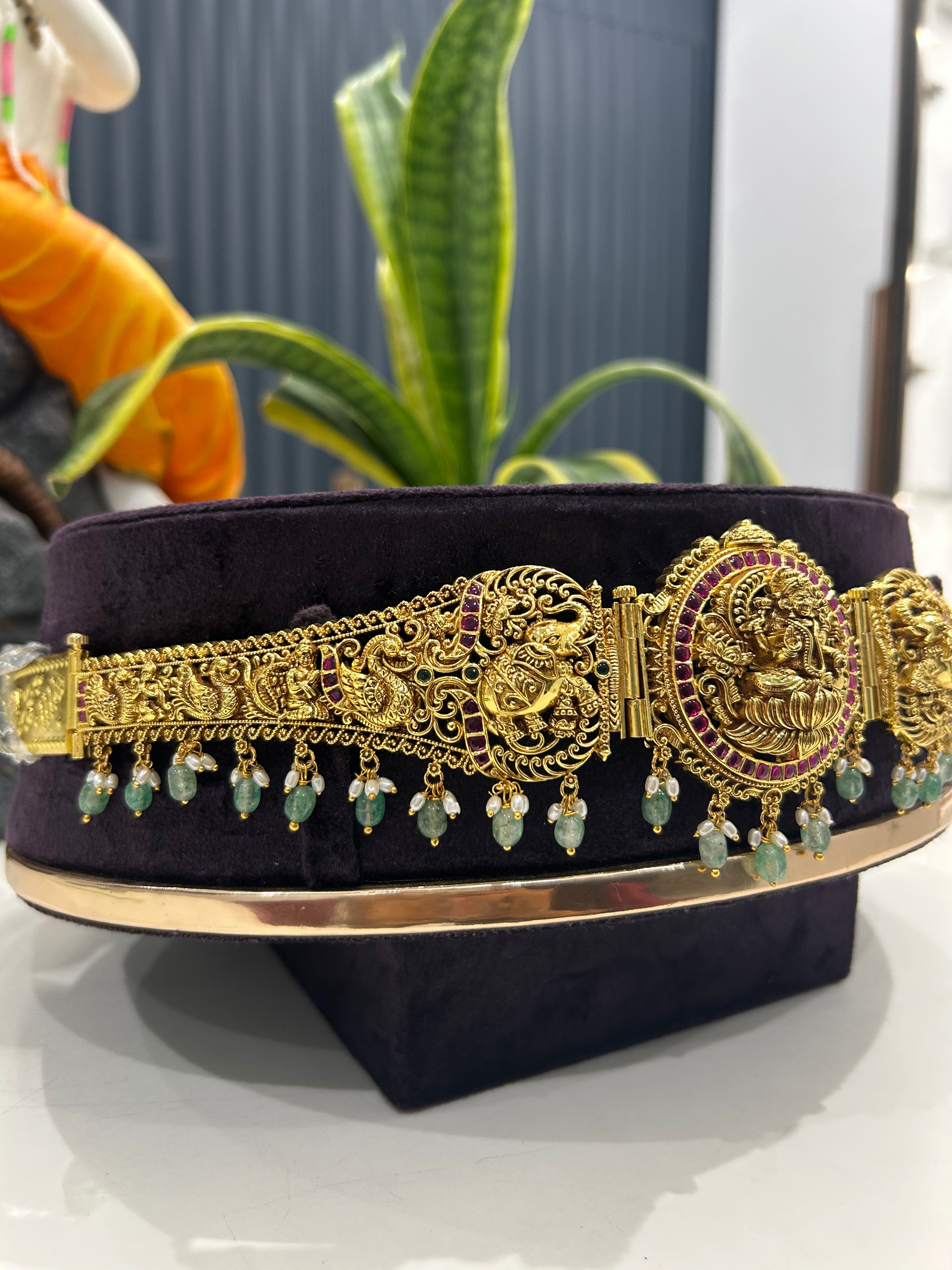 Beautiful Lakshmi devi , pota stone adult vaddanam with aqua beads